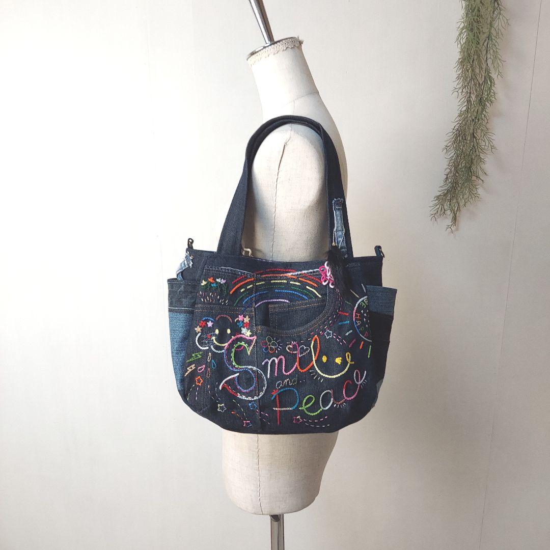 刺繍デニムバック　No.638　デニムリメイク　チューリップバック　刺繍バック