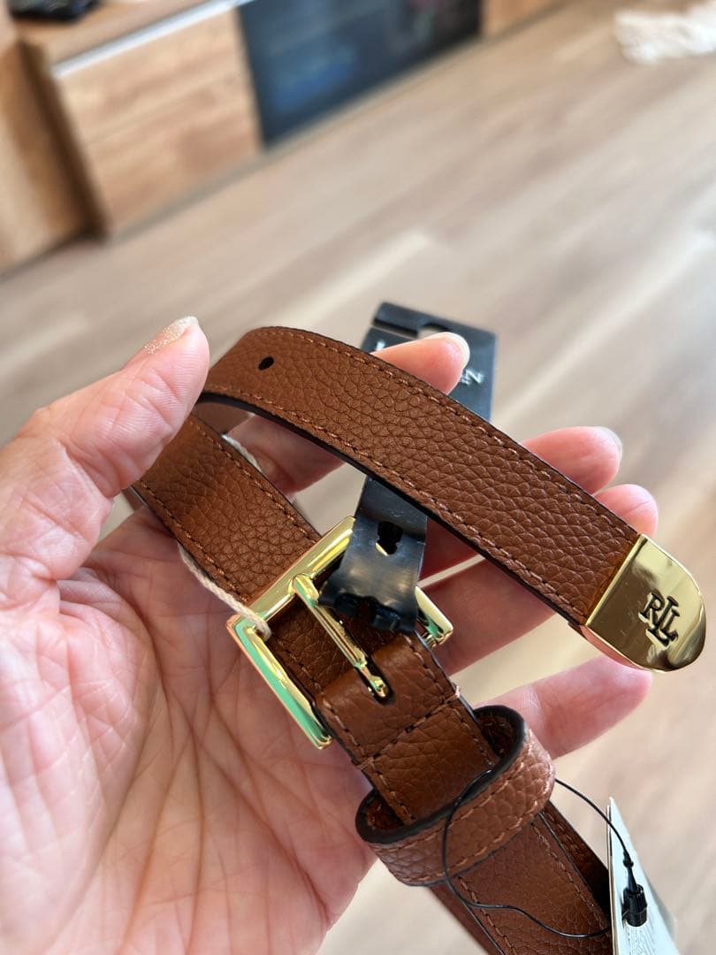 凛ラルフローレン リバーシブル レザーベルト ロゴバックル 茶色 (M)