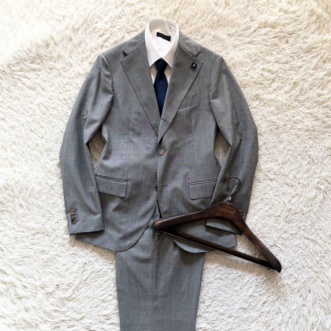<極美品>LARDINI 新ロゴ グレー ウール スーツ ブートニエール 46