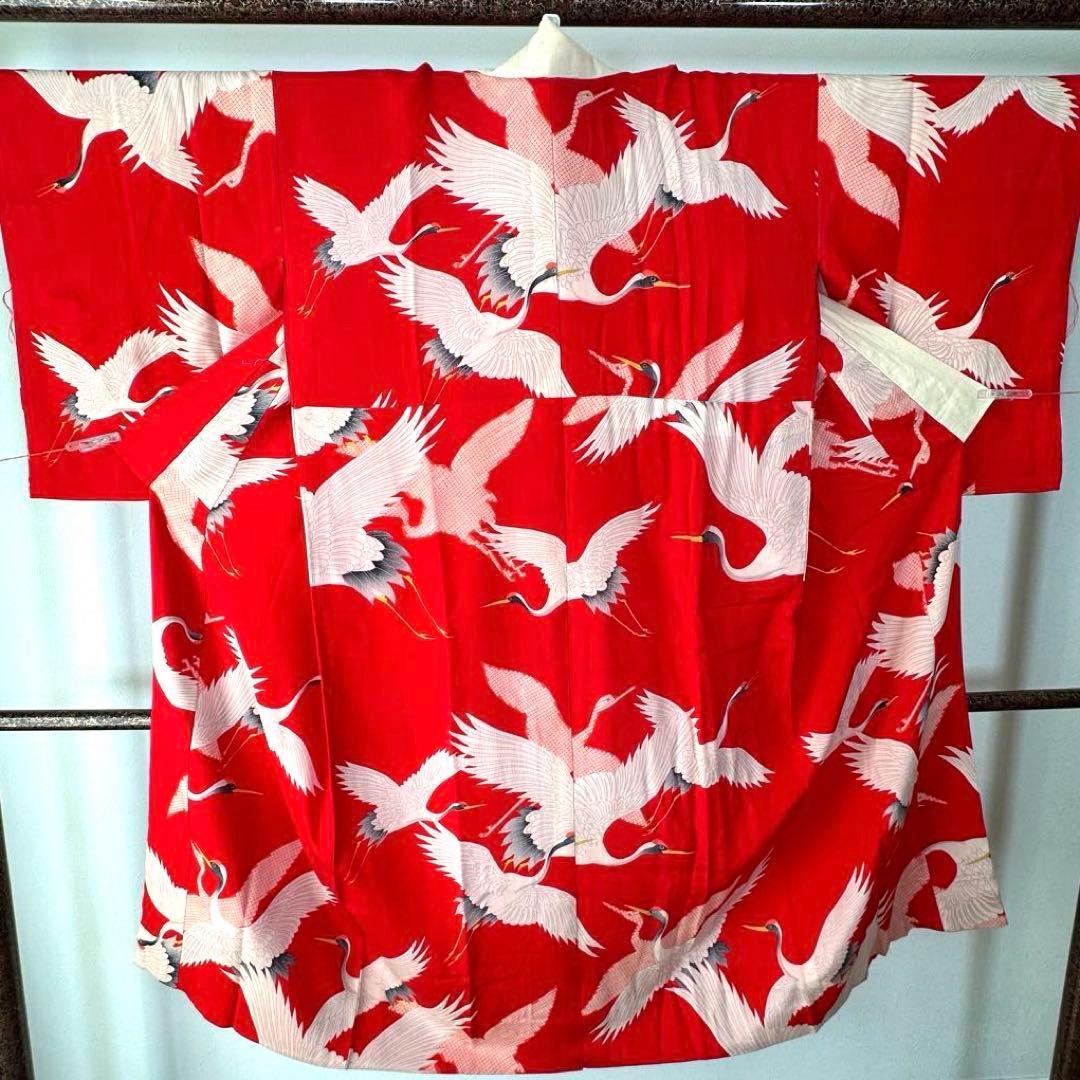 美品　正絹　長襦袢　着物　赤　鶴　124cm アンティーク　ヴィンテージ　レトロ