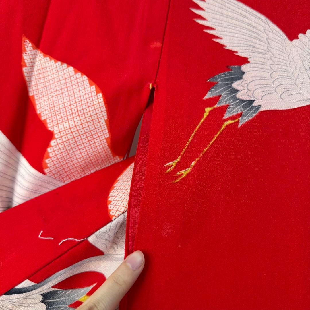 美品　正絹　長襦袢　着物　赤　鶴　124cm アンティーク　ヴィンテージ　レトロ