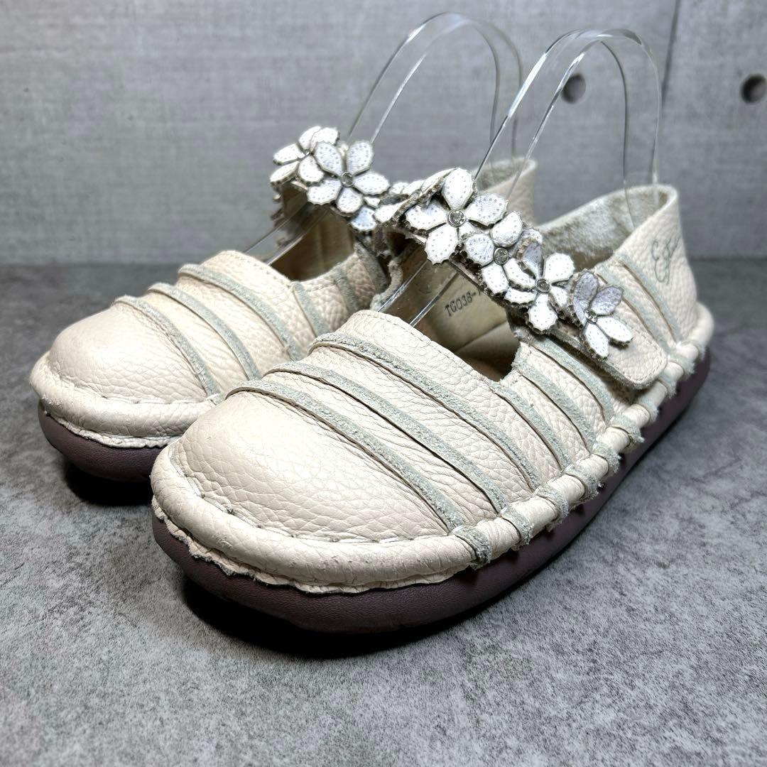 極美品【エスタシオン】お花 レザーメリージェーン/厚底/フラワー/ビジュー/幅広