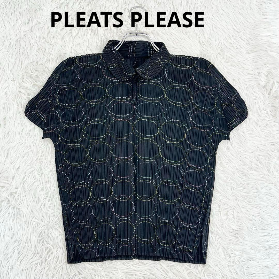 PLEATS PLEASEサークル刺繍 丸襟カットソー　半袖　変形スリーブ