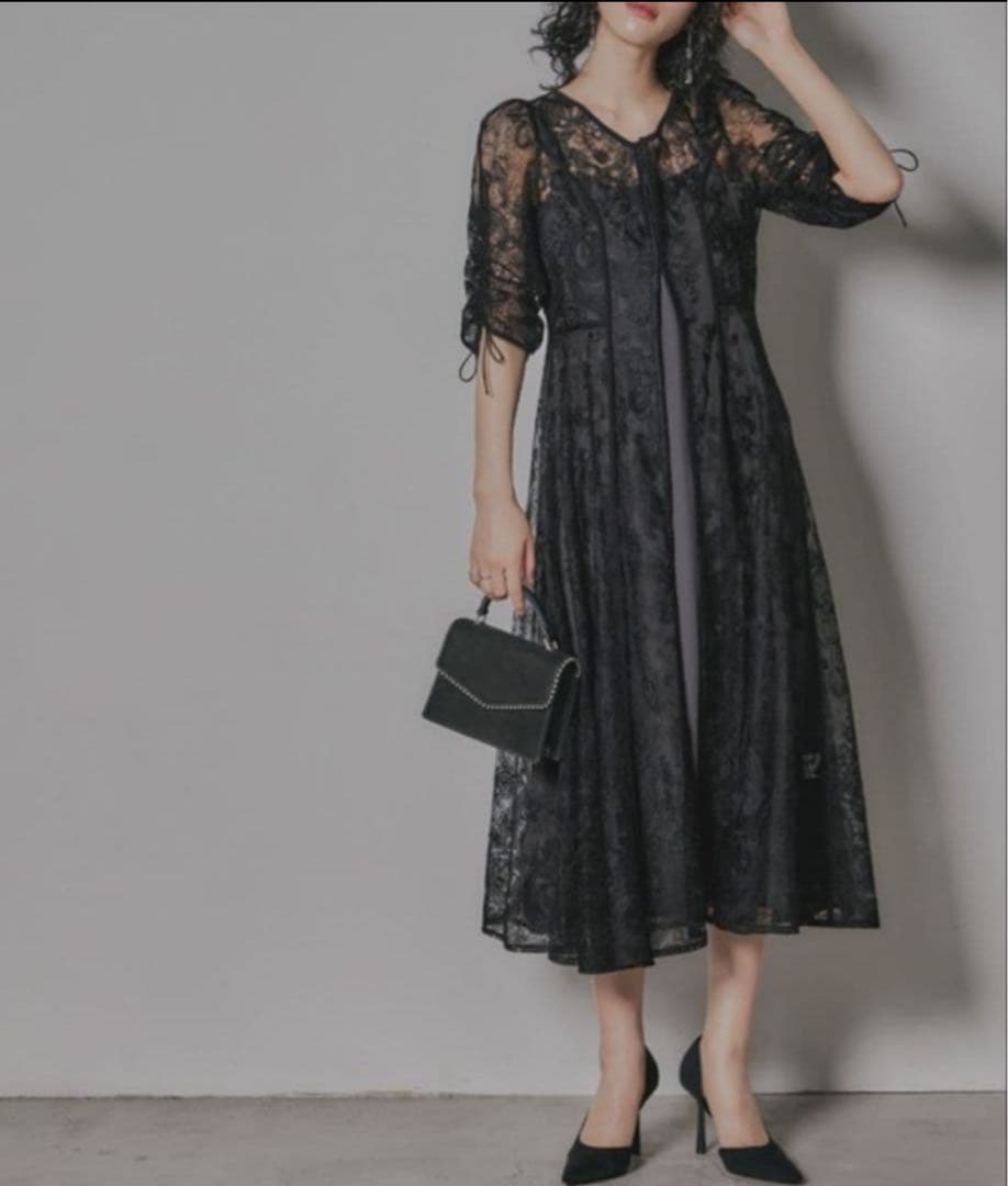 【niana】刺繍レースロングカーデキャミワンピセットドレス