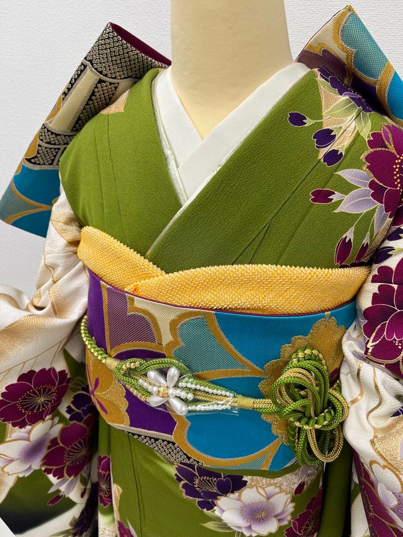 振り袖　フルセット　別誂長襦袢　成人式　白　緑　金彩加工　刺繍入り　722