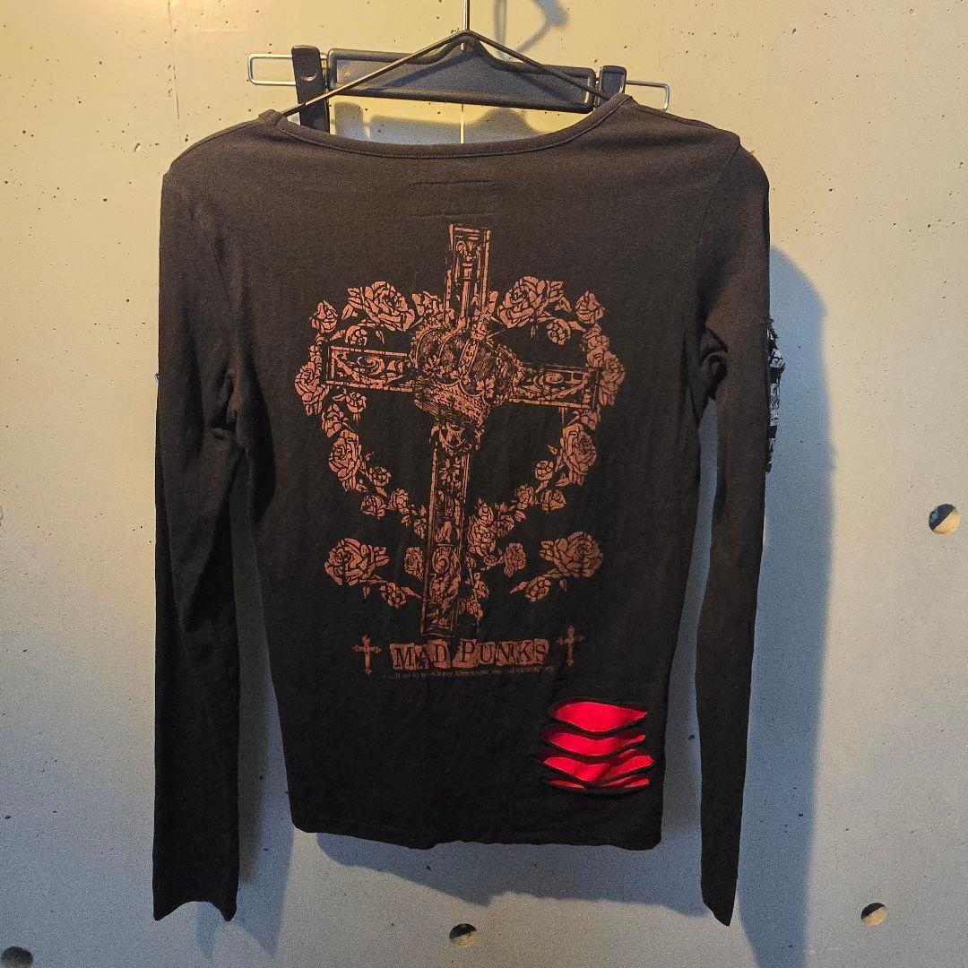 MAD PUNKS クロスプリント ダメージ ロングTシャ ツ黒