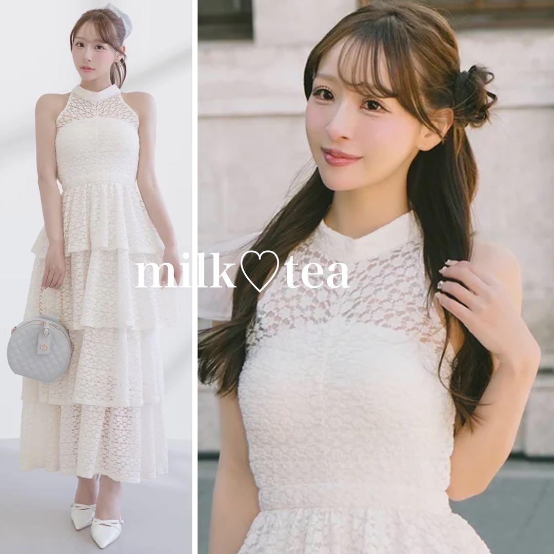 新品タグ付き ダーリッチ バックリボンフラワーレースティアードロングドレス 白