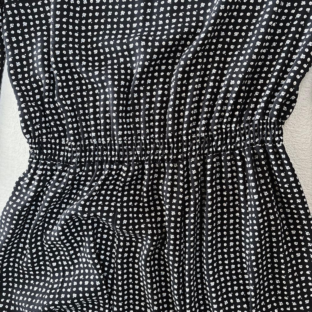 アナイ ANAYI モノトーンプリントフレアワンピース ボウタイ付き 長袖