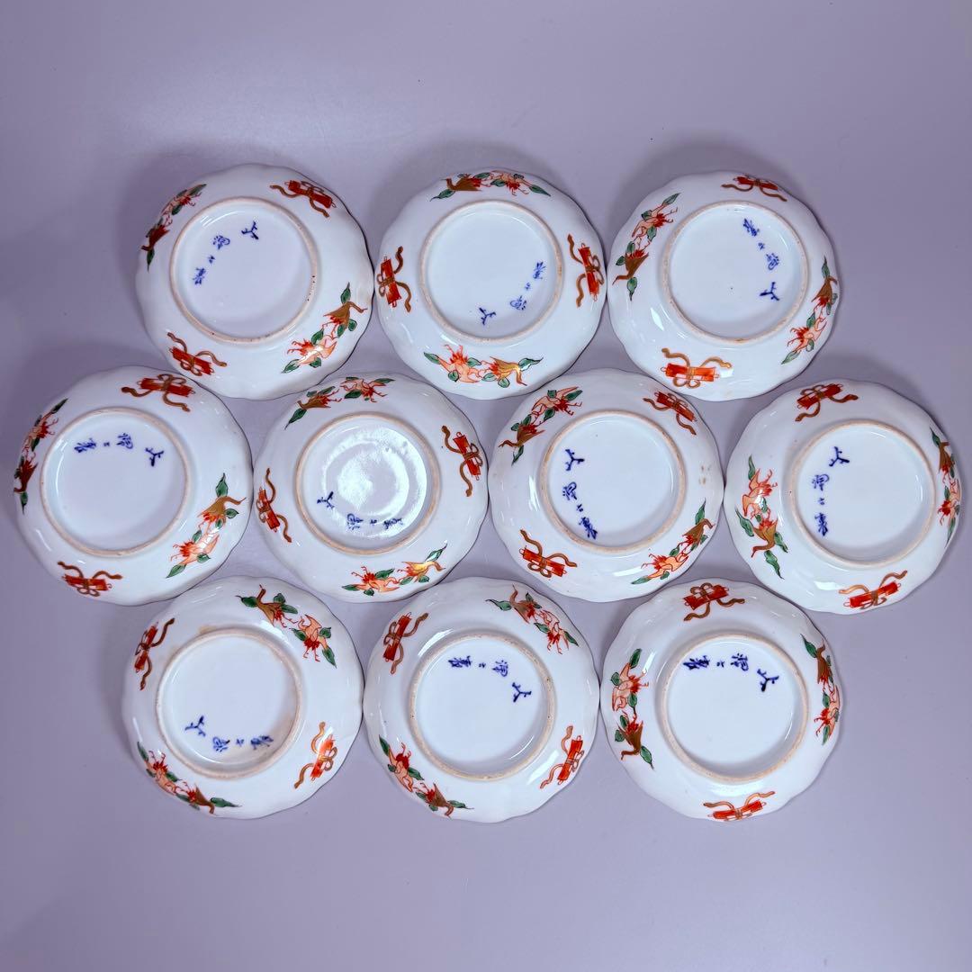 明治末～大正期　幻の窯元　源六窯　　　色絵扇松鶴文小皿　10枚　直径11.6㎝