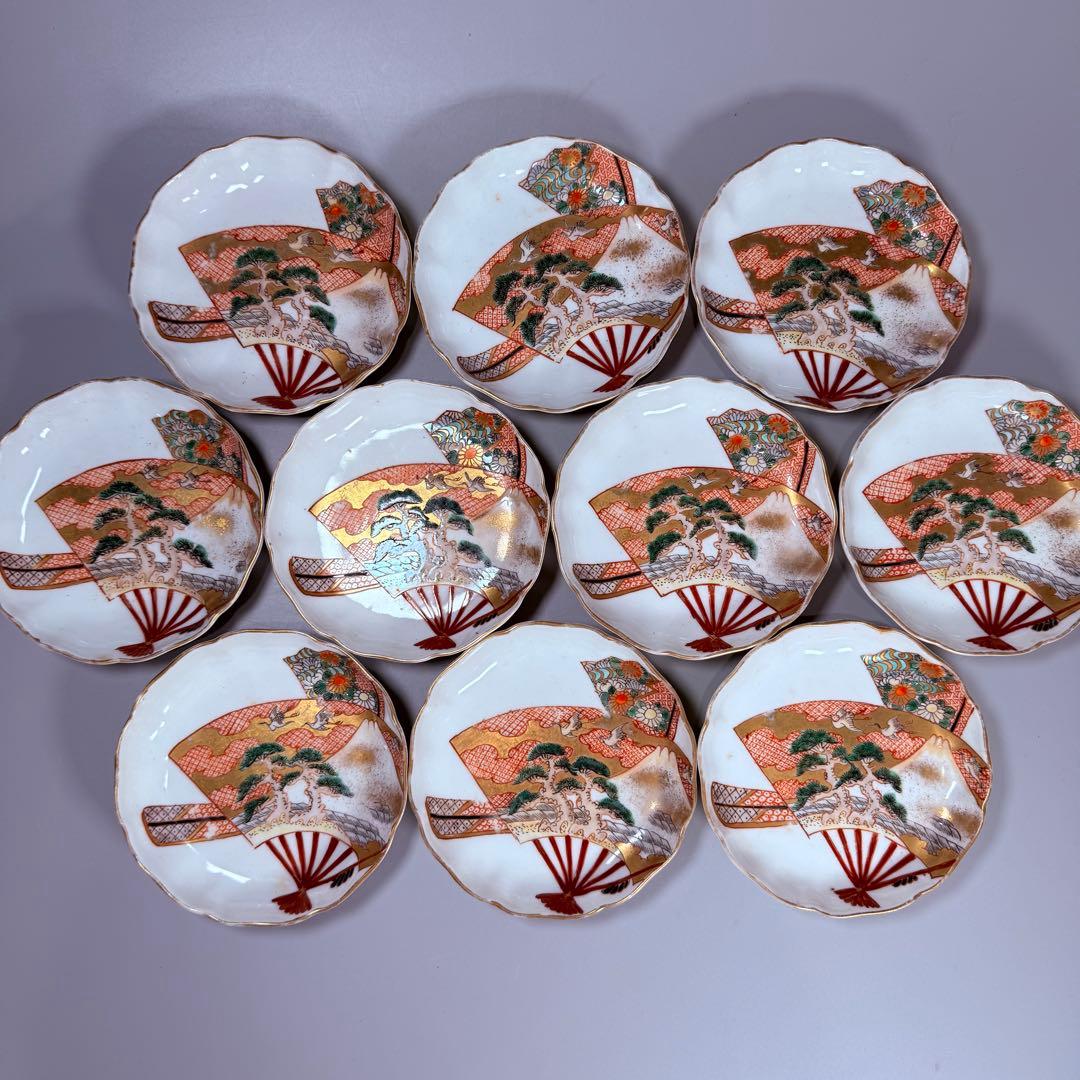 明治末～大正期　幻の窯元　源六窯　　　色絵扇松鶴文小皿　10枚　直径11.6㎝