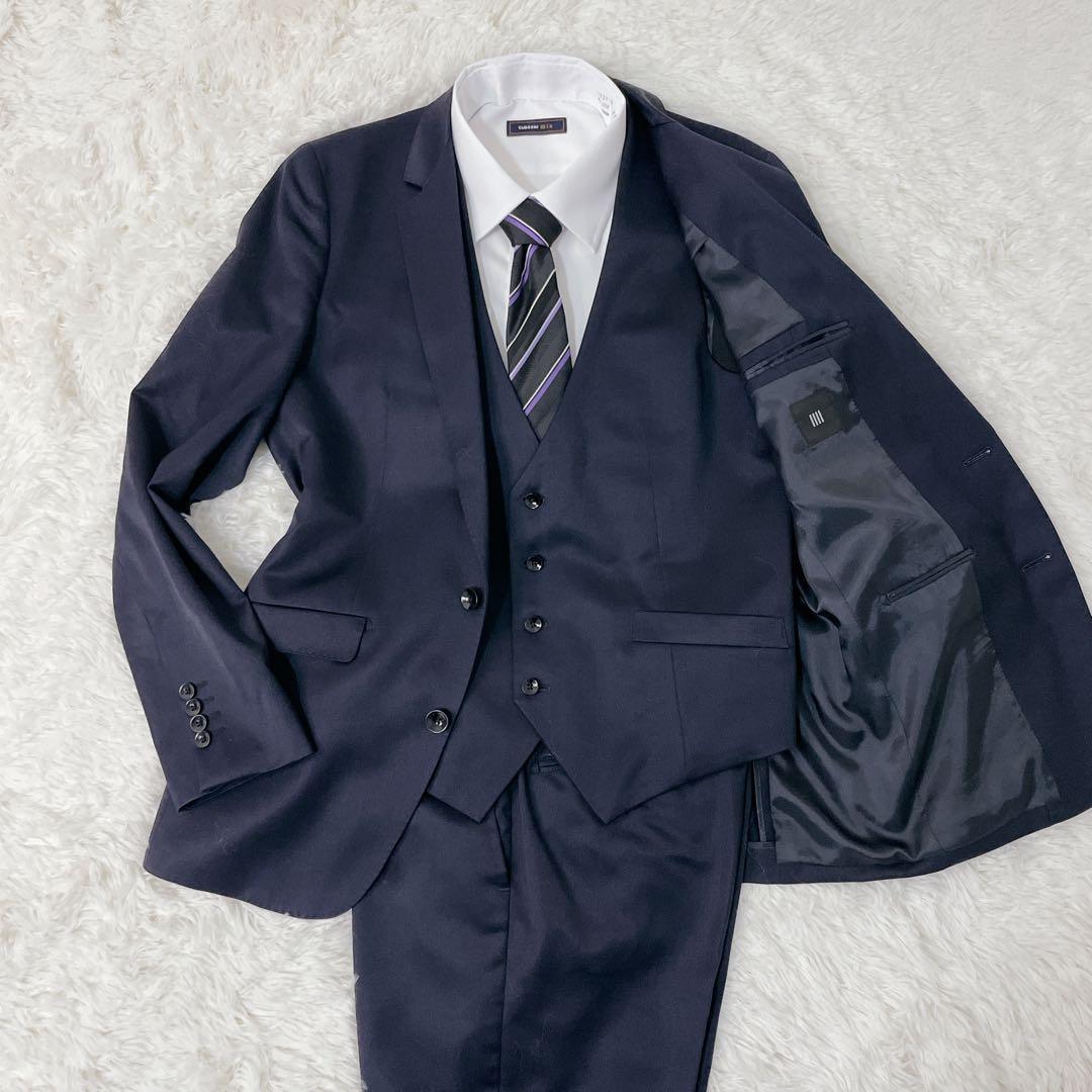 美品✨スーツカンパニー 黒タグ スリーピース 175 A6 シルク混 濃紺　L