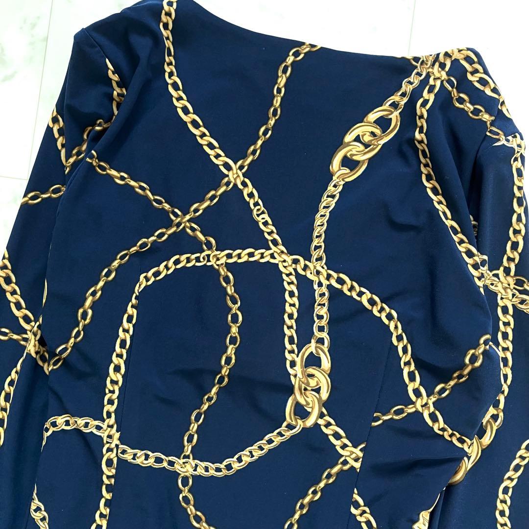 美品 ローレンラルフローレン ワンピース カシュクール ジャージー 鎖柄 青系