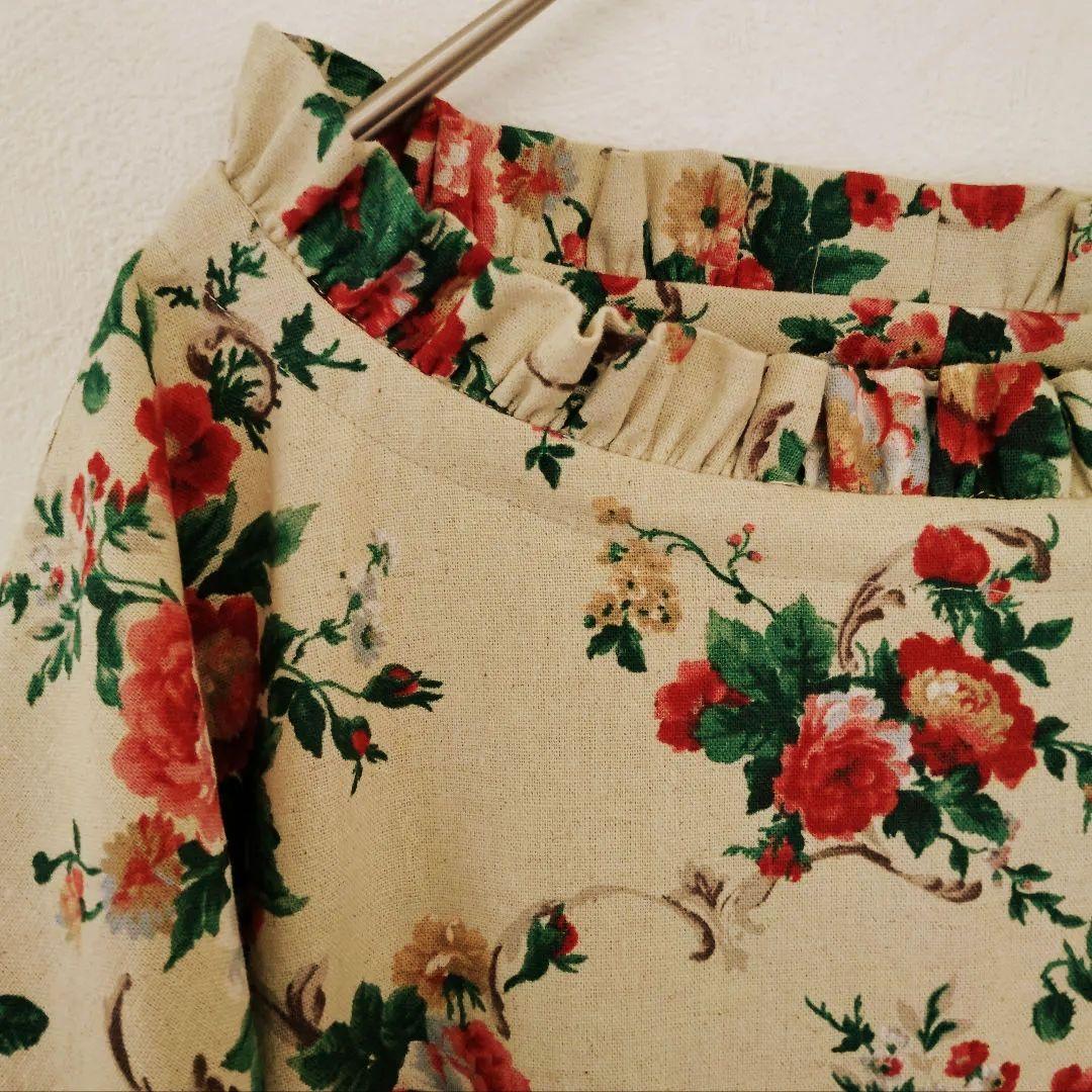 handmade綿麻ワンピースfreeYUWA花柄 長袖