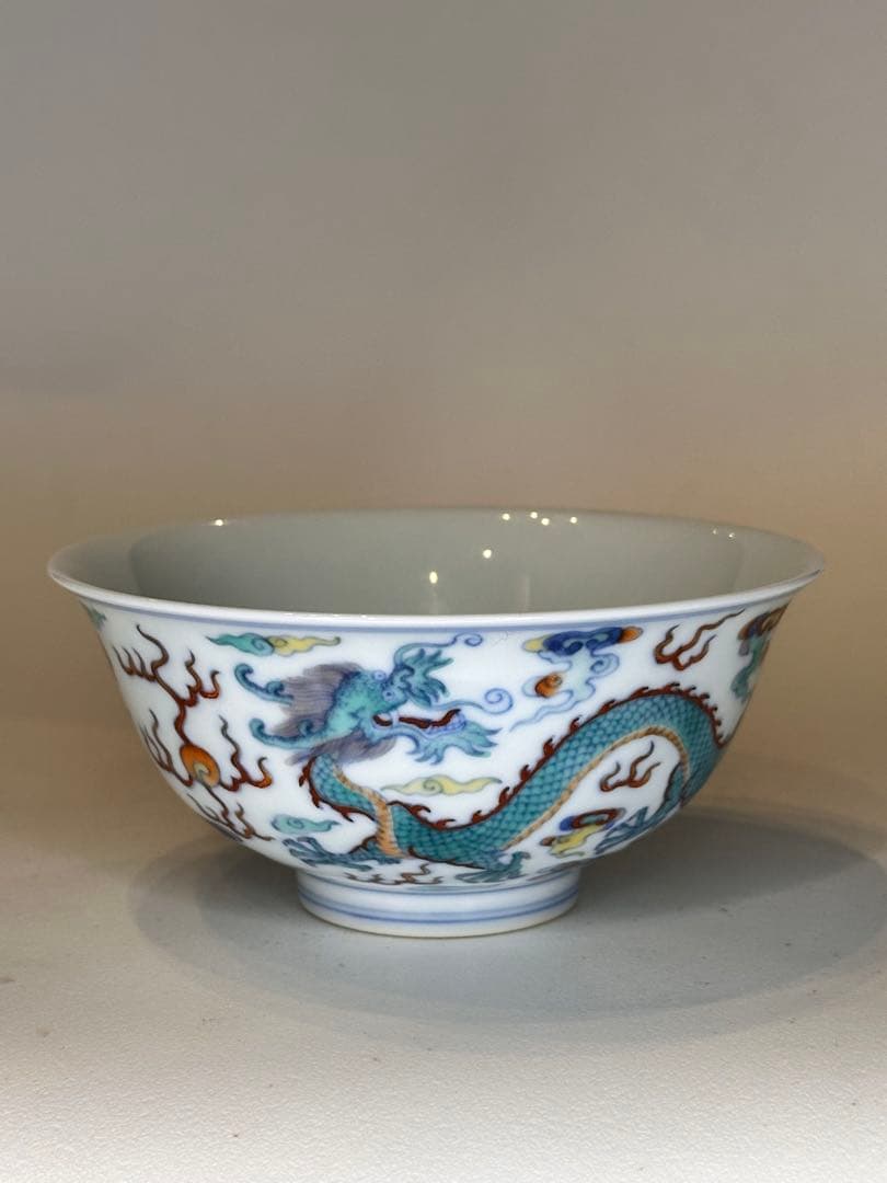 大清雍正年制 底款 二龍戯珠 彩绘 碗 中国古董品 コレクション