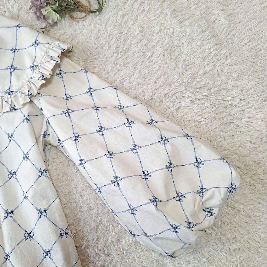 ダムソンマダー　ビッグカラーブラウス　ボリュームスリーブ　XL 相当　リボン柄