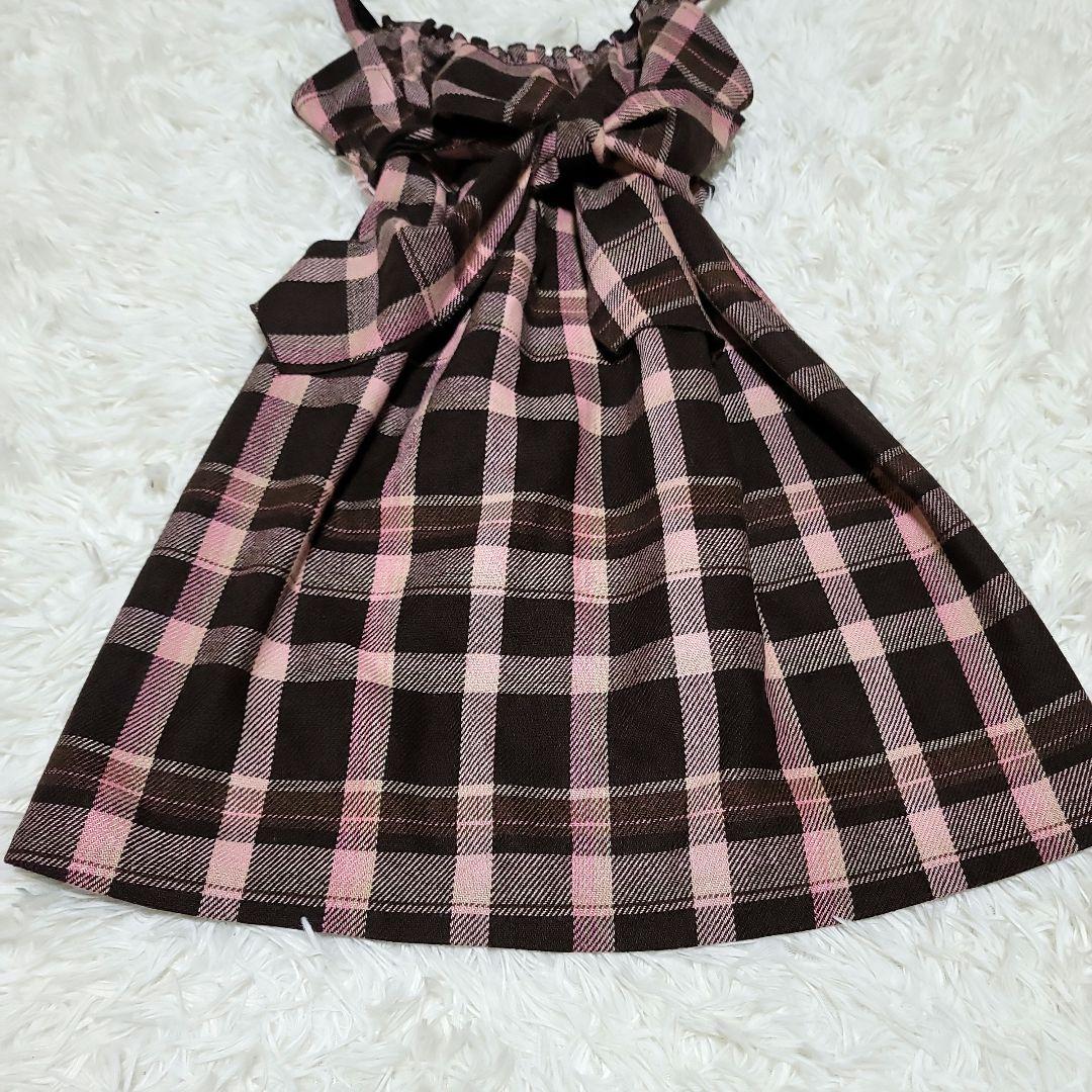 00s LIZLISA ピンクブラウンチェック リボン付き ワンピース 旧タグ