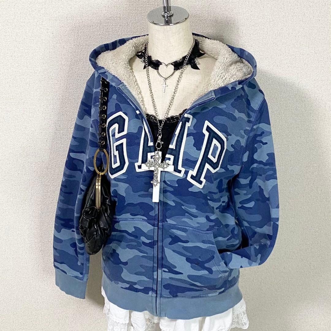 y2k GAP フルジップ パーカー 迷彩 平成ギャル 裏ボア ネイビー