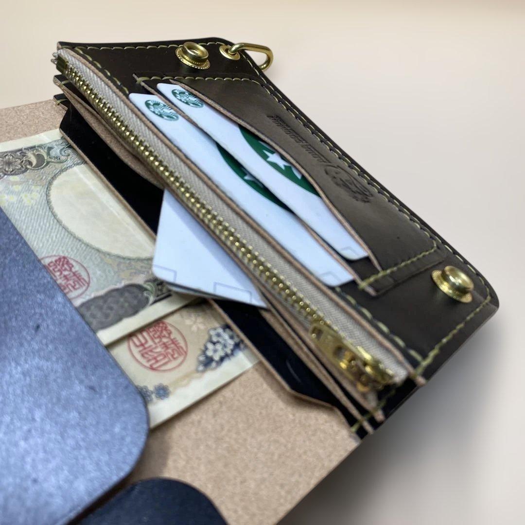 【無骨×上質】3層 丘染めブラック／ミドルトラッカーウォレット 折らずにお札収納