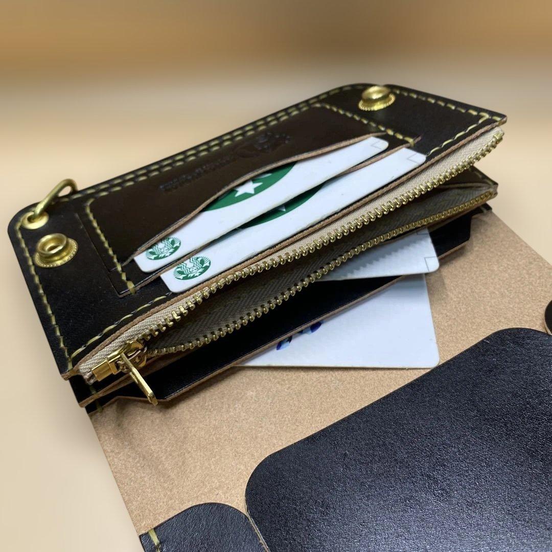 【無骨×上質】3層 丘染めブラック／ミドルトラッカーウォレット 折らずにお札収納