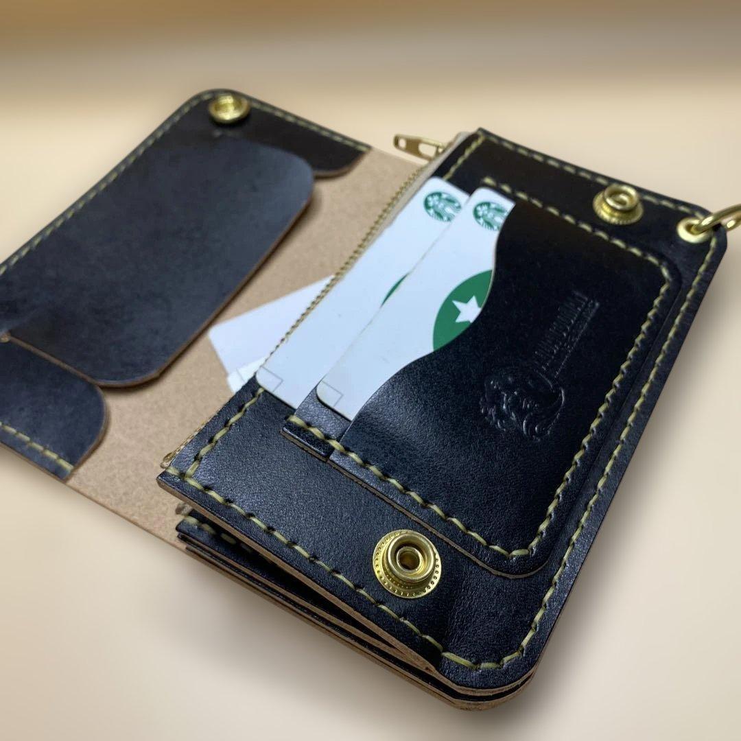 【無骨×上質】3層 丘染めブラック／ミドルトラッカーウォレット 折らずにお札収納