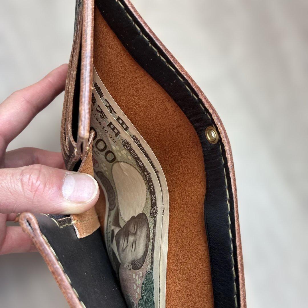 【茶芯ブラック】ミドルトラッカーウォレット　真鍮　お札を折らずに収納　タイプB