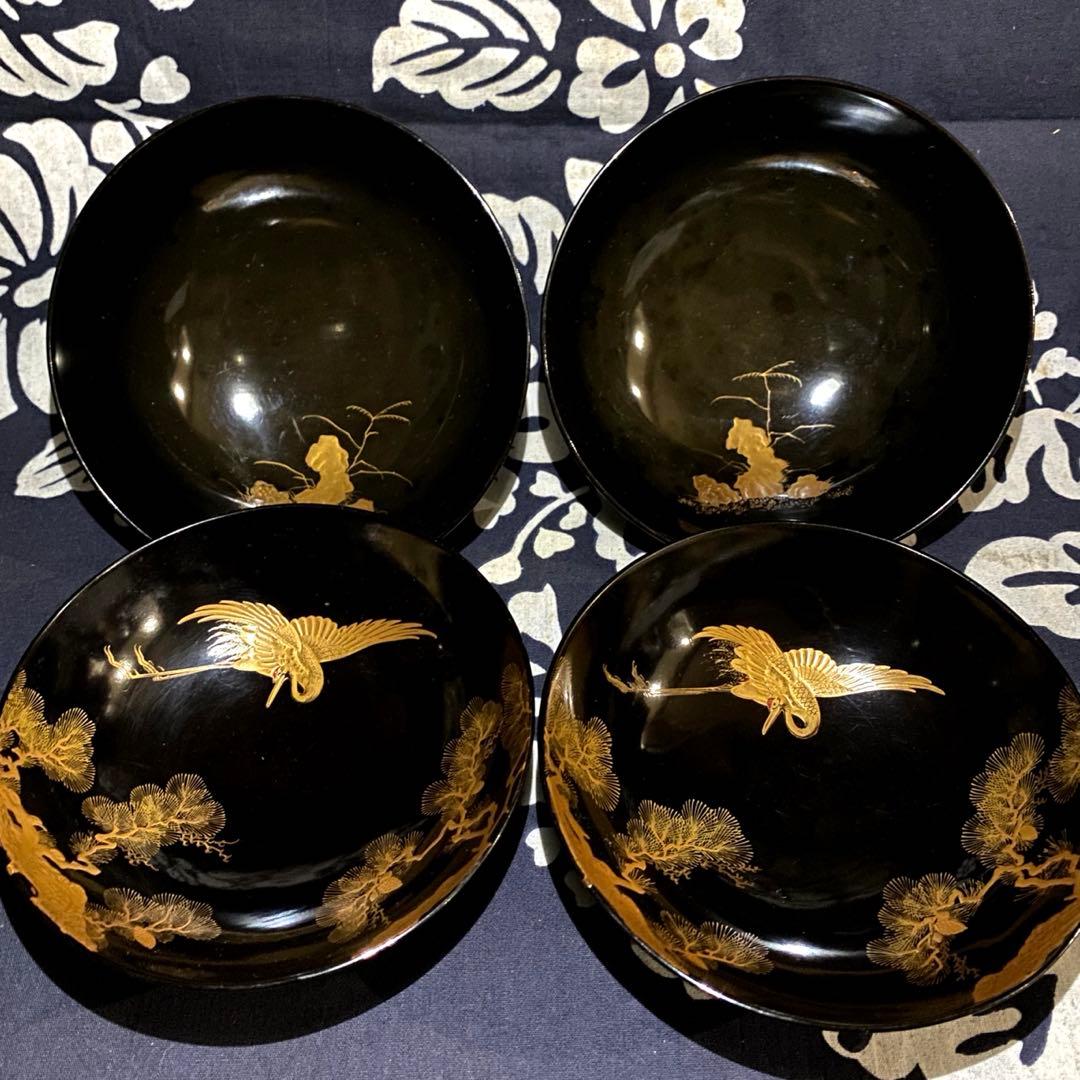 明治骨董旧家蔵出し　豪華黒塗り吸物椀　松鶴金蒔絵　明治参十参年購入　木製漆器二客