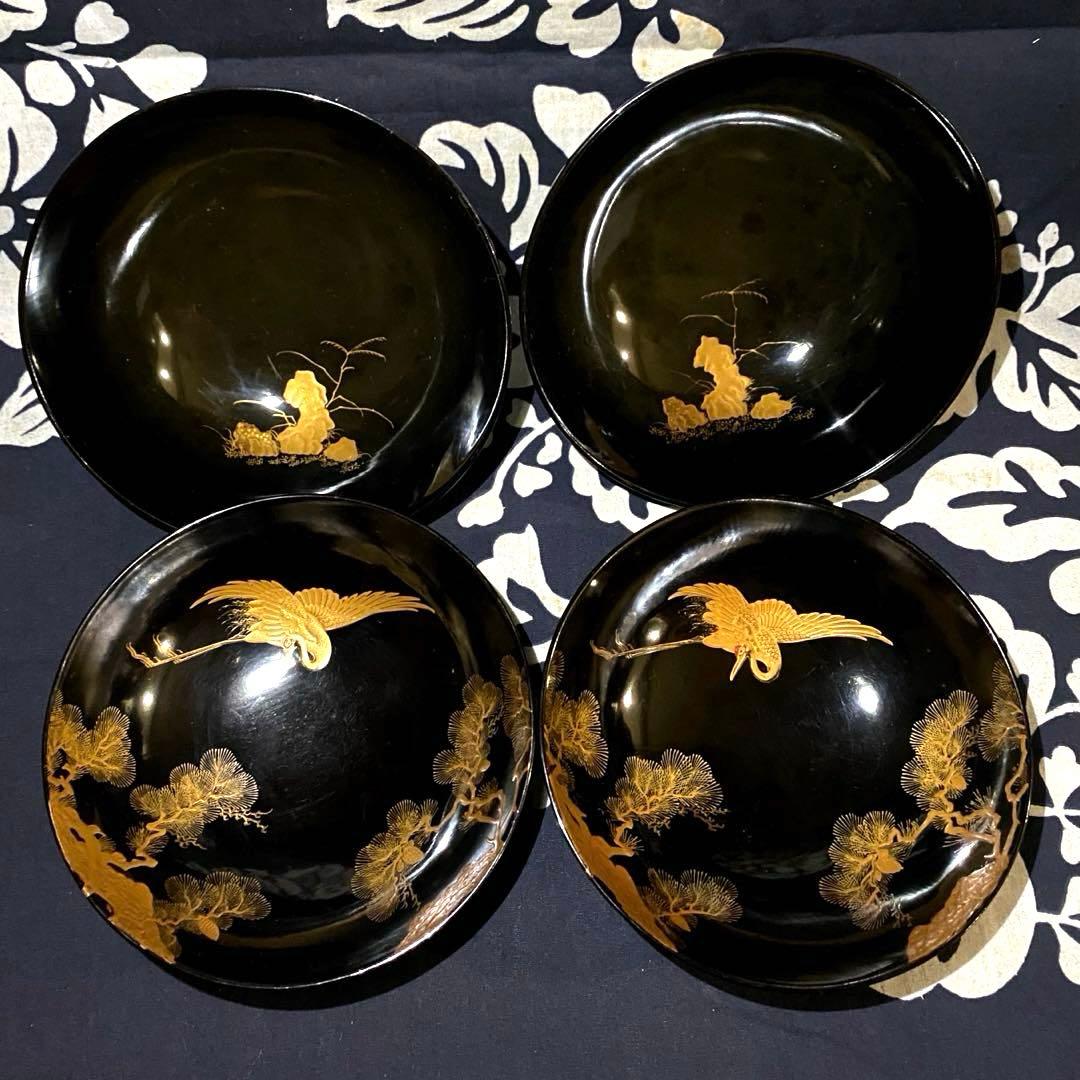 明治骨董旧家蔵出し　豪華黒塗り吸物椀　松鶴金蒔絵　明治参十参年購入　木製漆器二客