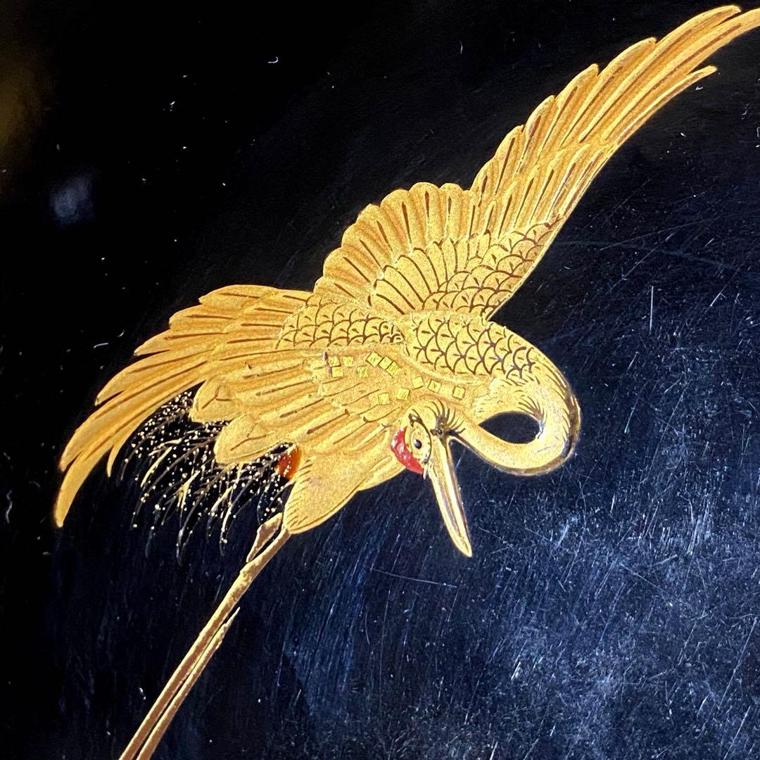 明治骨董旧家蔵出し　豪華黒塗り吸物椀　松鶴金蒔絵　明治参十参年購入　木製漆器二客