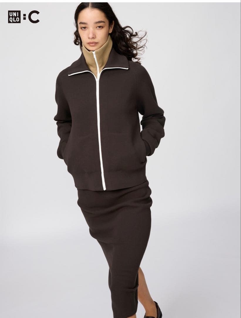 ユニクロC ミラノリブフルジップカーディガン　ダークブラウン　XXL