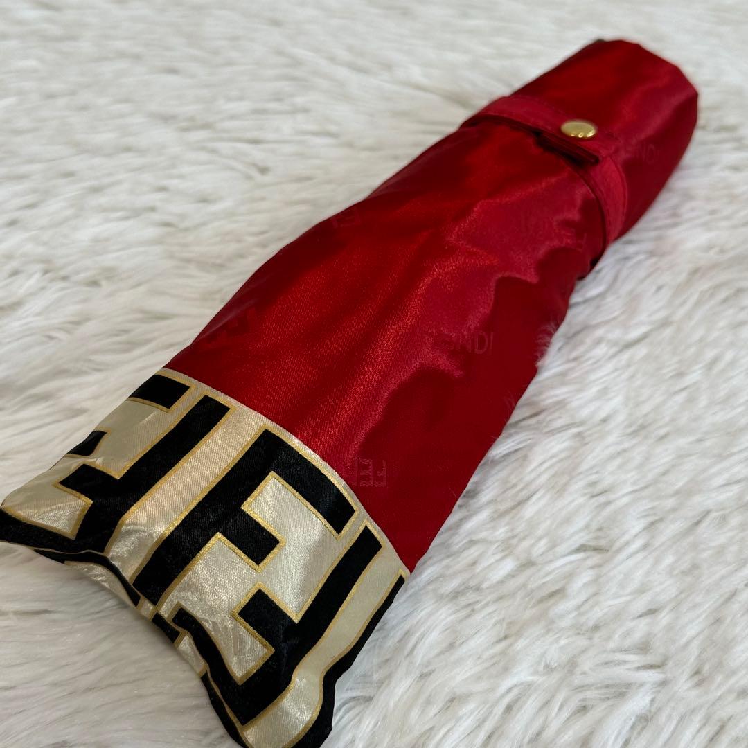 良品✨ フェンディ 折り畳み傘 ズッカ柄 赤 金 手動開閉 傘袋付き