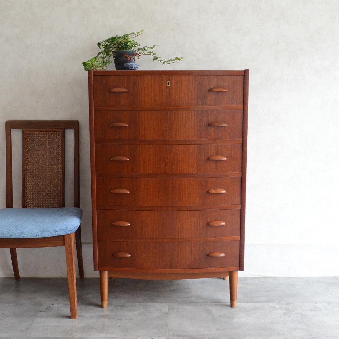 デンマーク 北欧ヴィンテージ チーク 6段 チェスト 鍵付 北欧家具 Lサイズ