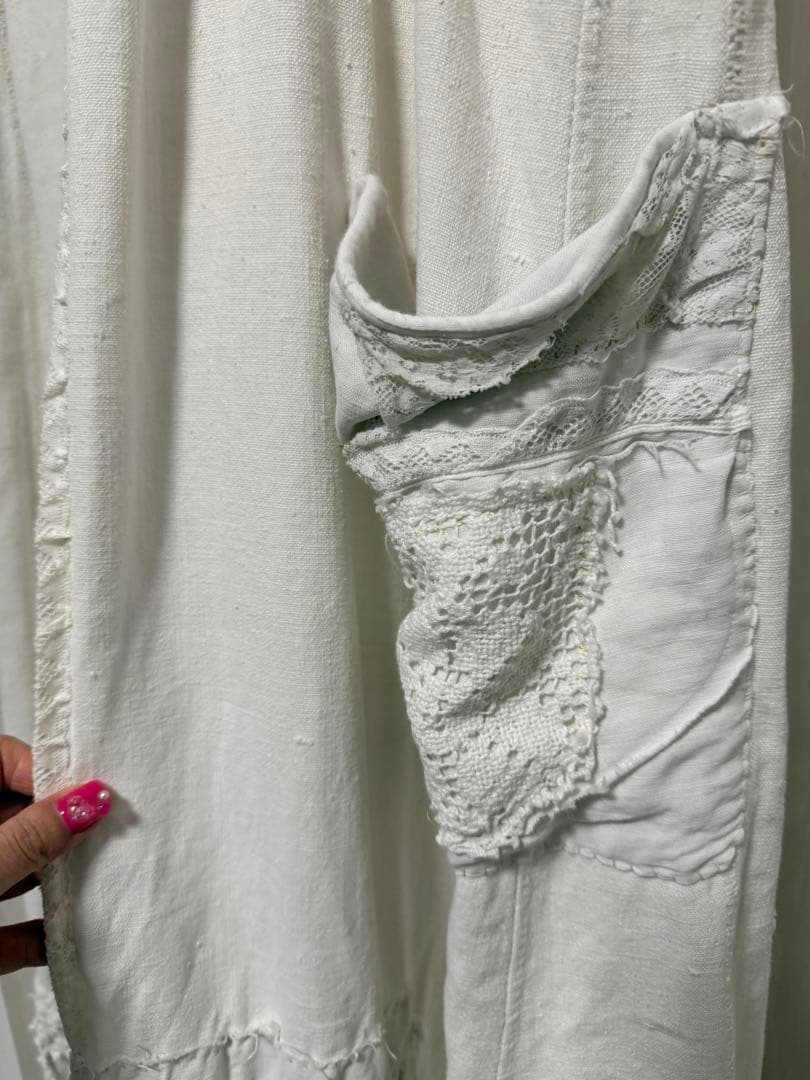 aratama ホワイト ロングベスト レース装飾 ポケット付き