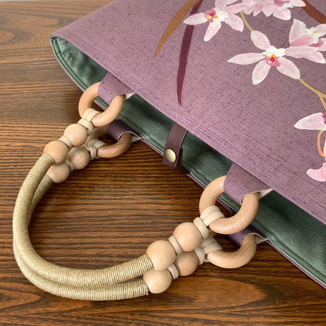 A4サイズ対応　紬　蘭のお花　リメイク　リネンコードハンドルバッグ