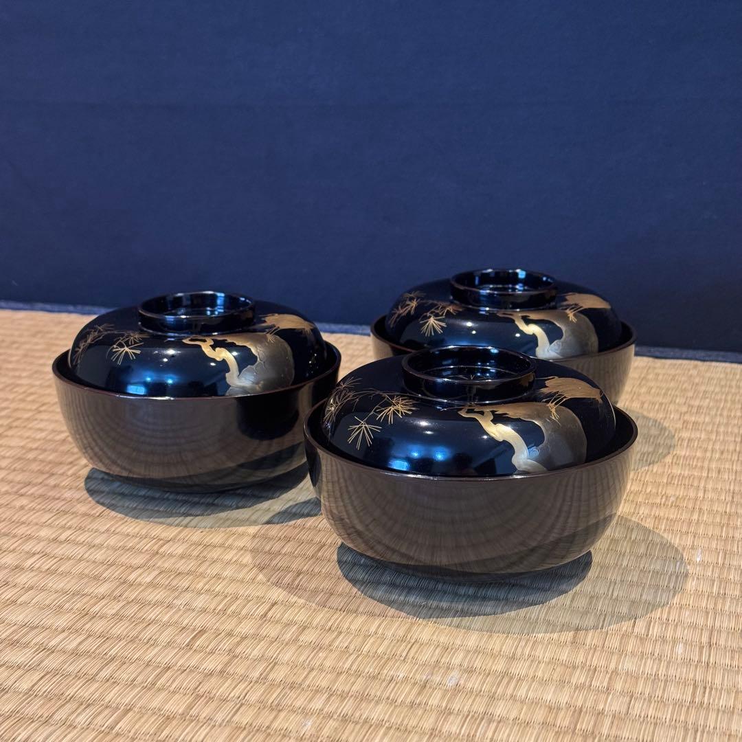 はなさん　輪島塗 松鶴図金蒔絵 黒漆 吸物椀 3客