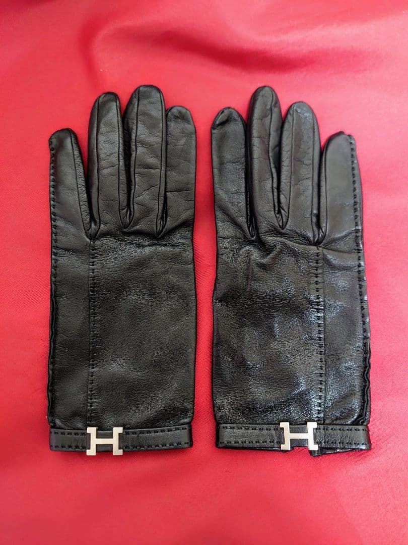 エルメス ラムレザー 手袋 Ｈロゴ シルバー金具 ブラック サイズ7