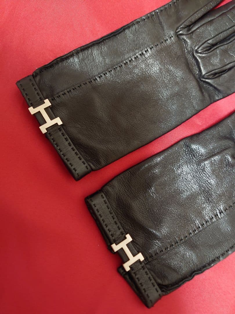 エルメス ラムレザー 手袋 Ｈロゴ シルバー金具 ブラック サイズ7