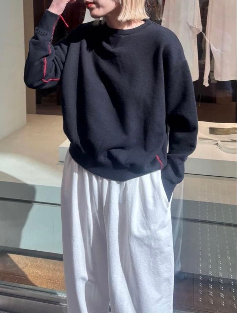 【6 ROKU】コットンウラケカラーステッチ クルーネックプルオーバー ブラック