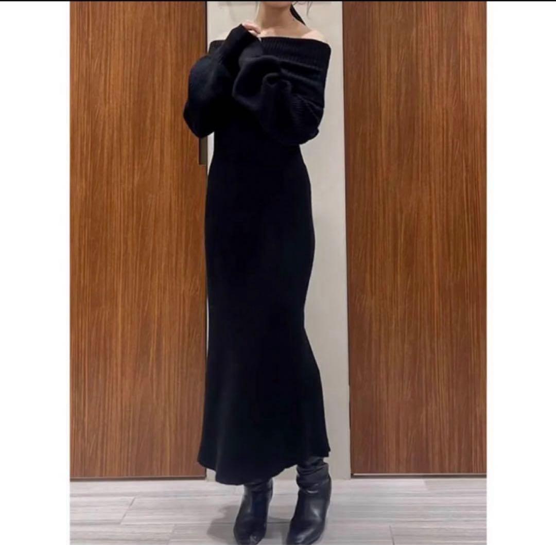 anuans オフショルナローニットワンピース ブラック Mサイズ ラクーン混