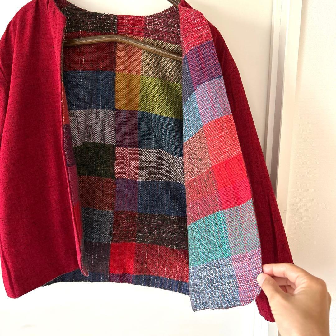 一点物　ハンドメイド　リバーシブル　久留米絣　手織り　ノーカラージャケット