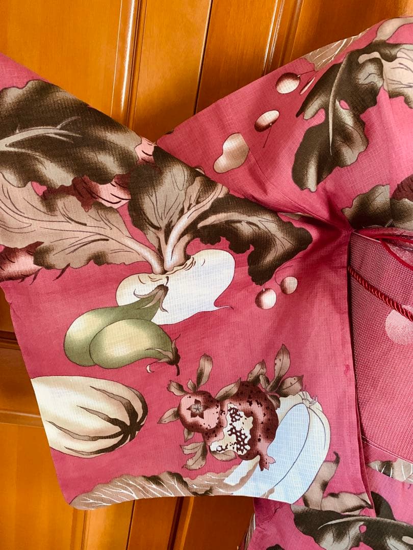 京都きもの町　浅蘇芳色野菜の浴衣と源氏物語のリバーシブル半幅帯と兵児帯と帯締め