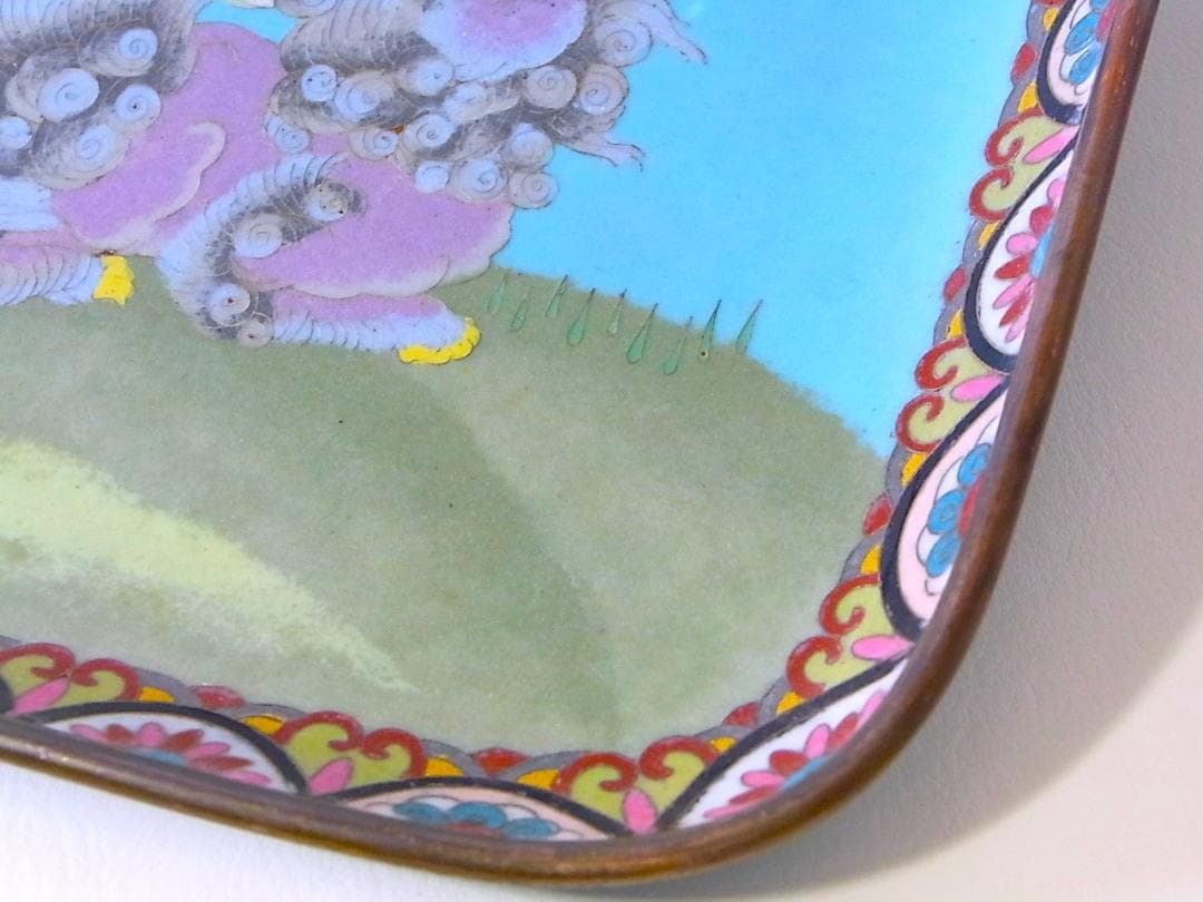 【 E801 】 超名品　明治期尾張七宝上手作品　銀線七宝獅子鳳凰文トレイ