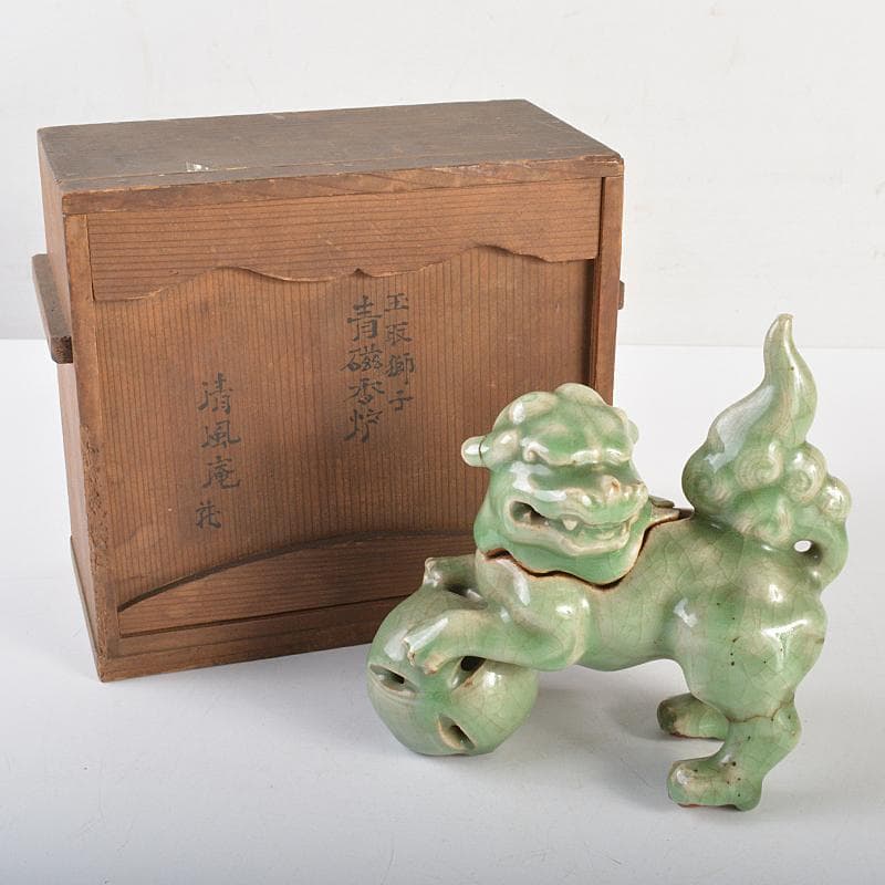 茶道具　香道具　青磁　玉取獅子　香炉　時代箱付　M　R7351