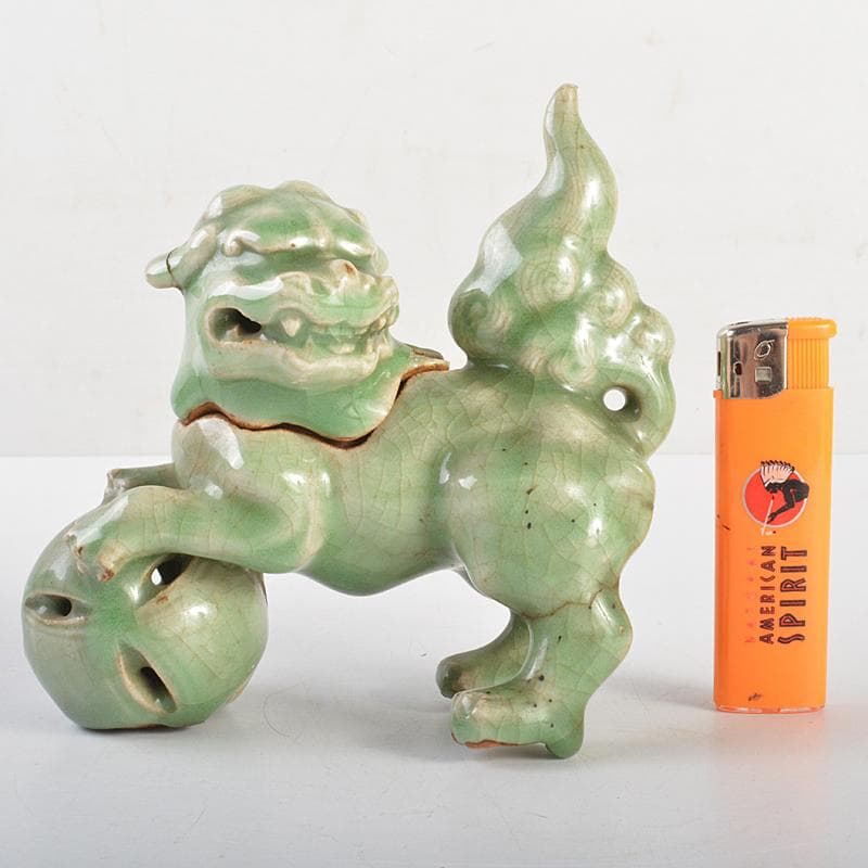 茶道具　香道具　青磁　玉取獅子　香炉　時代箱付　M　R7351