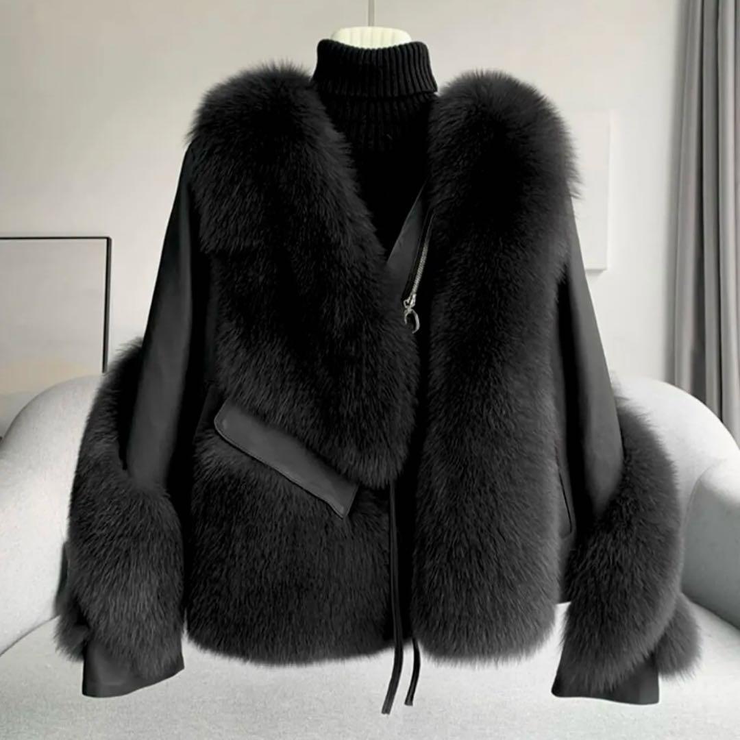 ほぼ未使用 リアル フォックスファー フォックス100% ファーコート 牛革