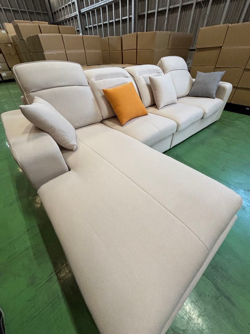 ベージュ L字型ファブリックソファ カウチ付き