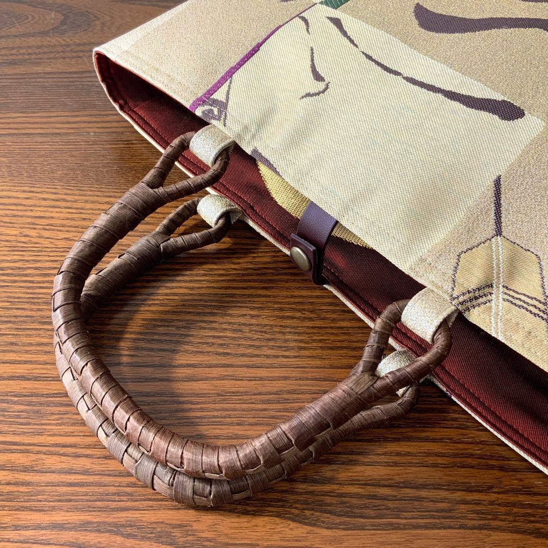 男前な歌舞伎柄の帯　リメイク　胡桃皮ハンドルバッグ　通しマチタイプ