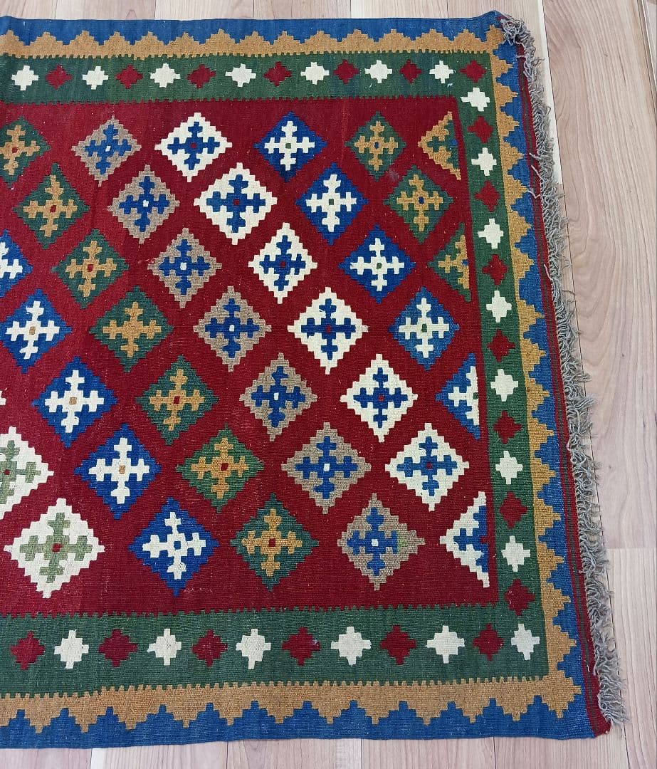 Y2658-1 イラン カシュガイ産 キリム 天然染料 ウール100% 絨毯