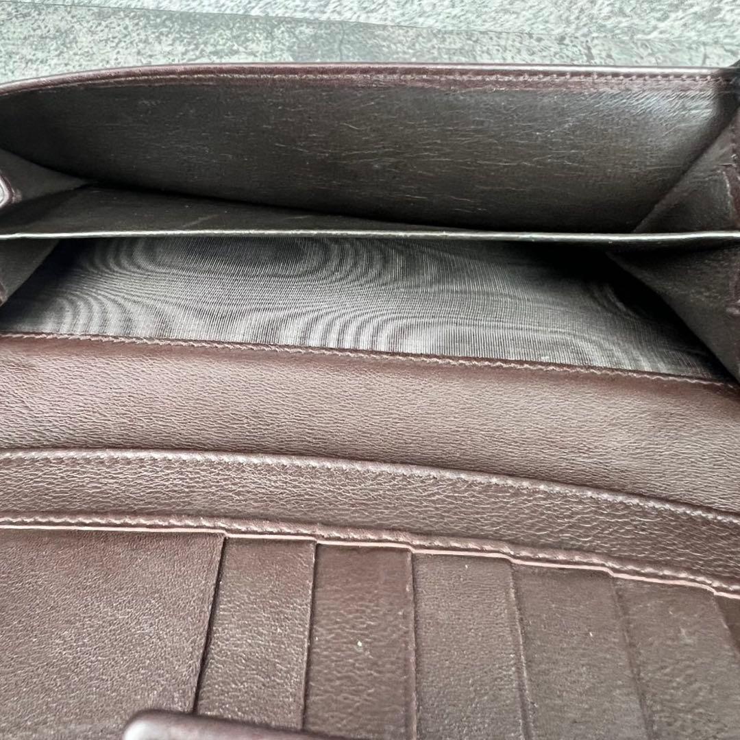 GUCCI GGシマ レザー リボン 二つ折り長財布 ブラウン Wホック