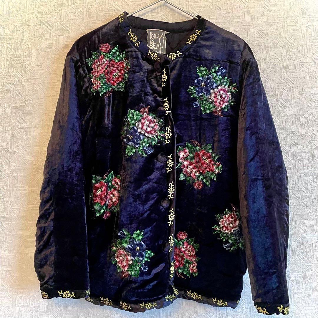 INDIA IS BEAUTIFUL ブルゾン 刺繍 薔薇 ベルベット ローズ