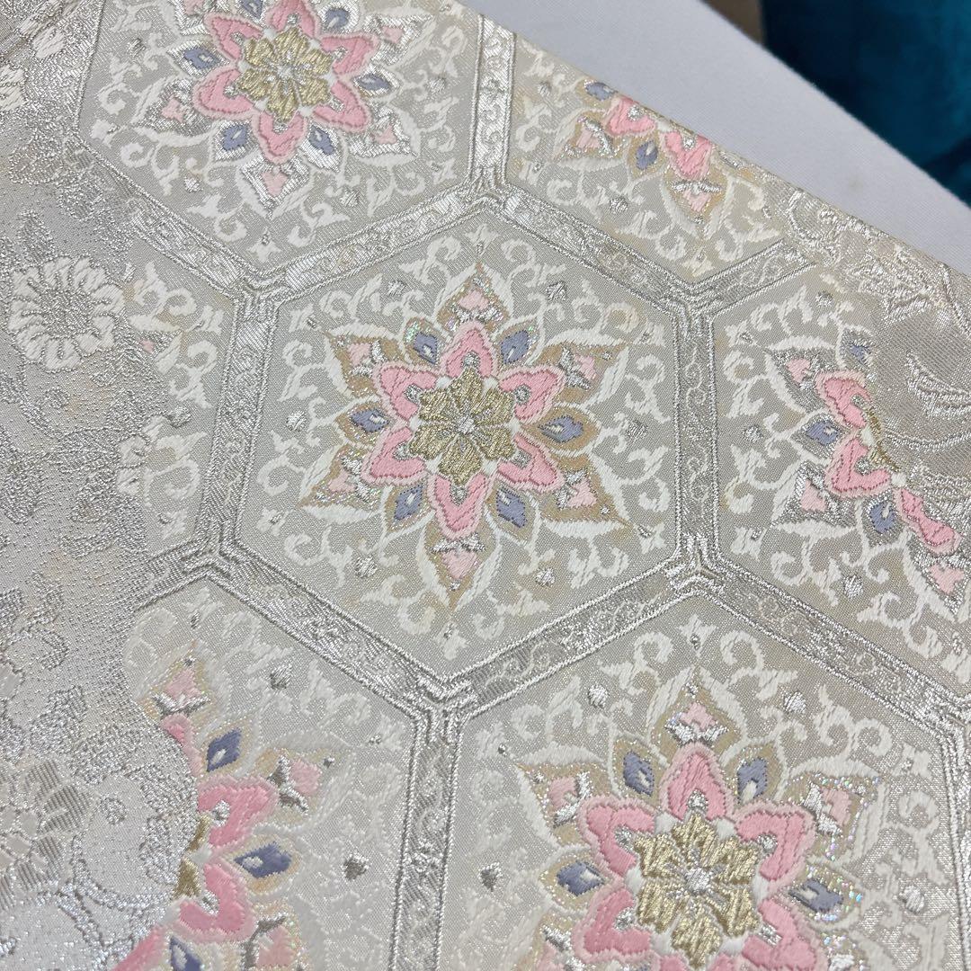 袋帯　正絹　銀糸　亀甲　華紋　唐花模様　檜垣　道長取り　着物　054t